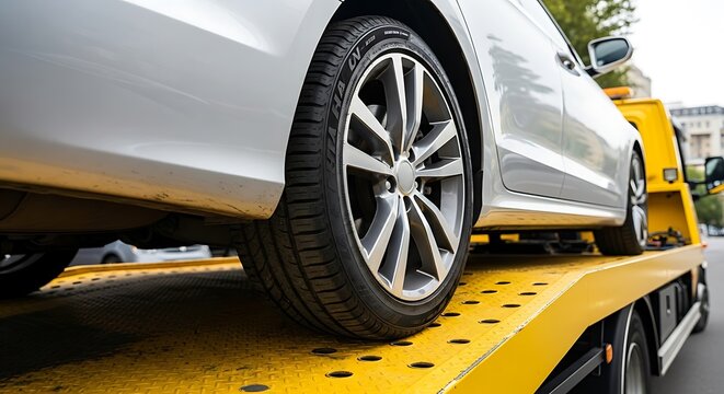 Silver car on yellow tow truck vehicle