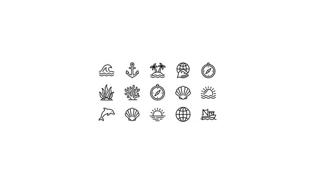 Ocean and marine outline icon collection vector nautical world sea symbols isolated on white