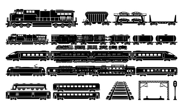 Freight train and locomotive silhouette vector bundle with railway transport collection