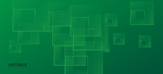 Fototapeta premium Abstract gradient green background with shining lines waves, transparent square frames, luminous layered corners, emerald green palette.