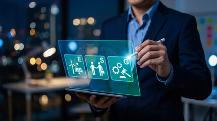 Fototapeta premium Business professional interacting with futuristic digital interface displaying energy sustainability and technology icons