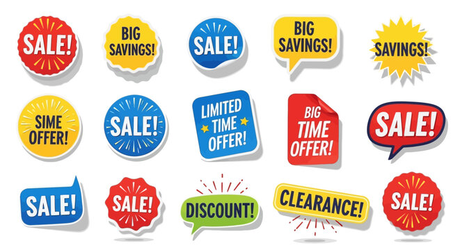 Collection of colorful sale stickers and badges.