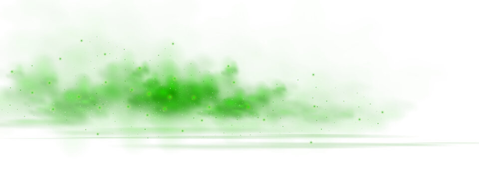 Halloween smoke and floor cloud smell effect background. Magic fog with sparkle light and toxic powder as transparent png. Night emerald steam with glitter spread and dynamic hazy vapor mist