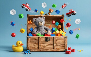 Obraz premium Wooden chest overflowing with toys colorful blocks flying around.