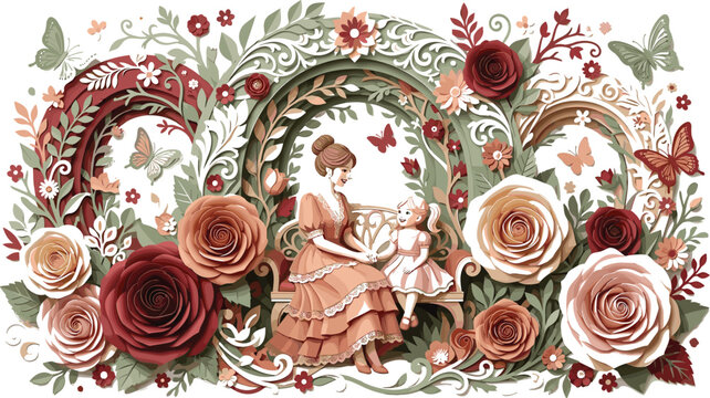 Beautiful Mothers Day card vector illustration featuring mother and daughter sitting on bench with butterflies and vintage floral frames,