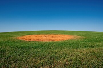 Fototapeta premium Vibrant green rolling hill under a clear blue sky with a circular patch of dry, orange grass