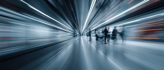 Fototapeta premium Blurred motion of people walking through a futuristic, brightly lit tunnel with converging lines