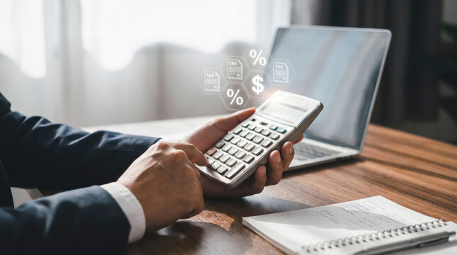 Business professional using calculator with financial icons floating above on a wooden desk in office