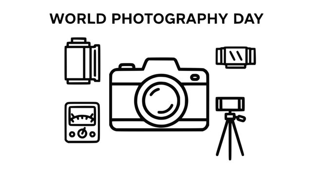 World Photography Day Celebration with Camera and Accessories Icons