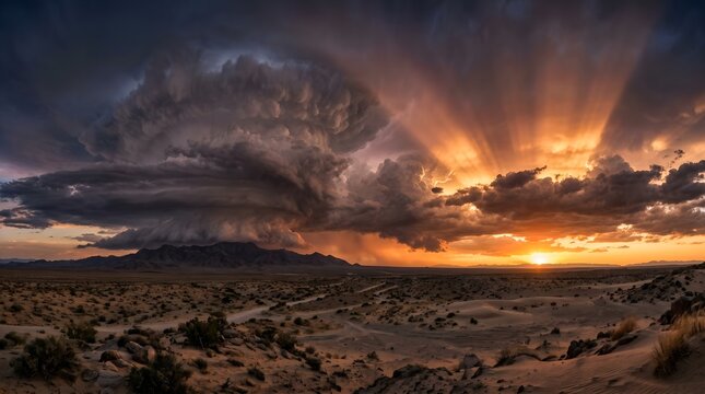 Dramatic supercell storm cloud over desert landscape at sunset, majestic thunderhead with golden sun rays, extreme weather over arid wilderness