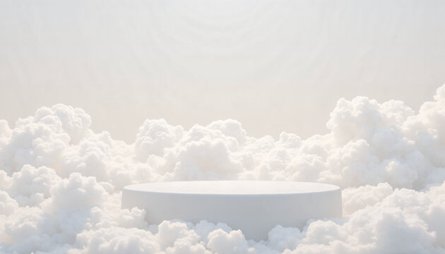 Wei&szlig;es rundes Podium inmitten von weichen Wolken als Produkt-Display Hintergrund, minimalisitisches 3D Mockup