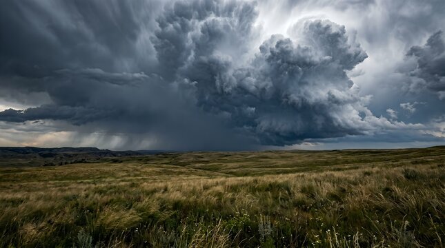 Dramatic storm clouds over rural landscape, powerful supercell thunderstorm with heavy rain, dark moody sky above vast grassy plains and meadows