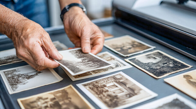 Close-up of elderly hands sorting through old vintage black and white photographs in a drawer. The concept of memories, family history, nostalgia, past generations, and archival storage.