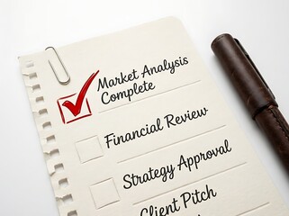 Obraz premium Checklist with market analysis complete and pen on paper