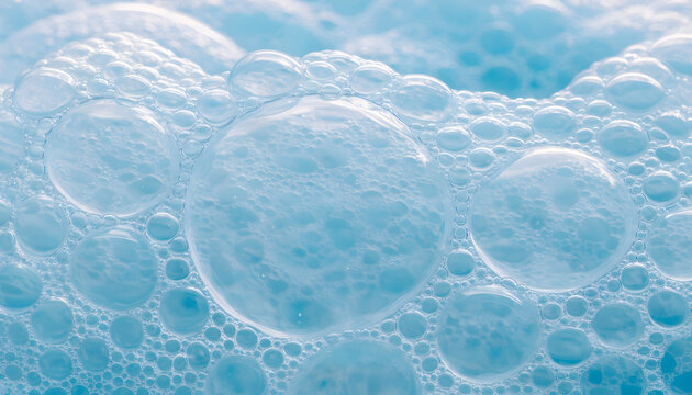 Blue soap bubbles, foamy texture, soap suds, bathroom cleaning, hygiene products