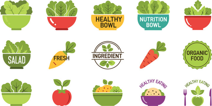 Healthy Salad Bowl and Organic Food Vector Icon Set on White Background