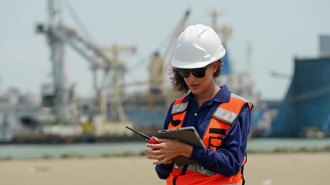 Construction site supervisor directing operations port area photography industrial environment action shot leadership in focus