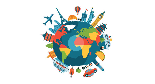 Vibrant International Tourism Day illustration with iconic landmarks and flags around the globe