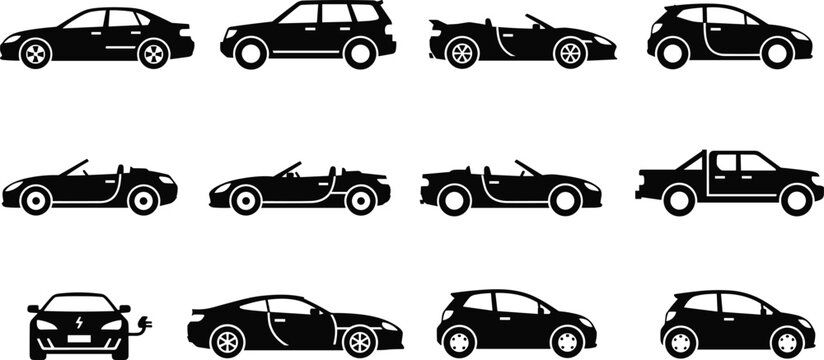 Modern city cars silhouette vector icon set including sedan suv coupe convertible ev and pickup truck for automotive transport graphics