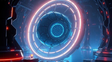 Fototapeta premium Futuristic interior, glowing rings dominate space. Blue, red lights create dramatic effect. Metallic textures suggest advanced technology.