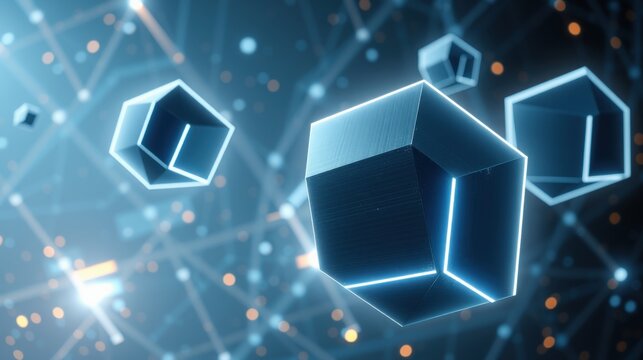 Hexagonal prisms float amid glowing network. Blue tones dominate, creating futuristic impression. Digital connections visible.