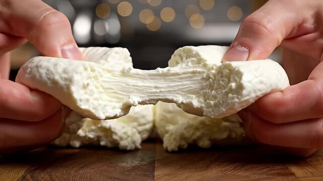 Closeup of hands stretching fresh mozzarella cheese on a wooden board.