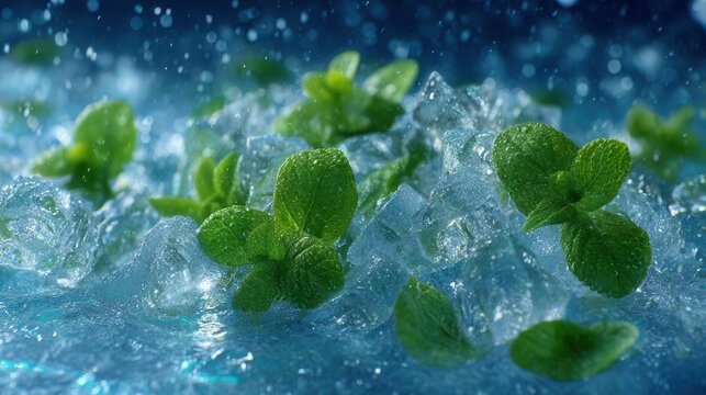 close-up of crushed ice with fresh mint leaves and water droplets, refreshing beverage concept, shallow depth of field emphasizing icy texture and sparkle, photorealistic food photography