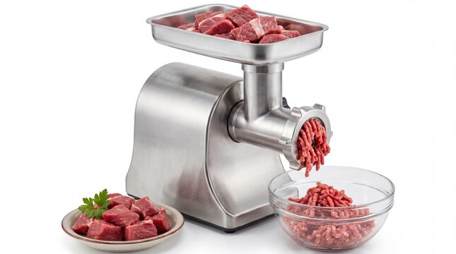 Stainless steel meat grinder processing fresh chunks of red beef into mince on white background