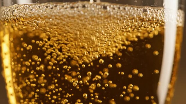 Close-up of effervescent bubbles rising in a golden liquid within a transparent glass