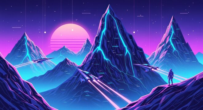 Astronaut observes spaceships flying over futuristic neon mountains