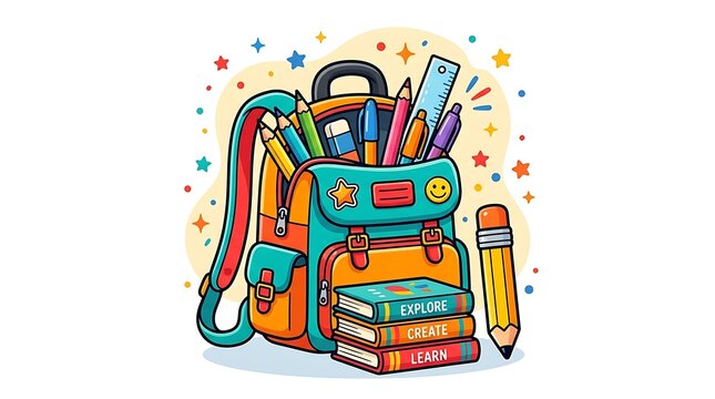 Back to school essentials colorful backpack with books and stationery