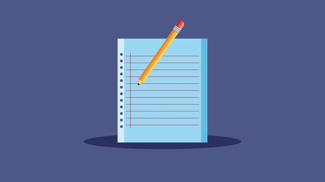 Animated pencil writing on lined paper sheet on purple background representing education and creativity concepts in motion graphics style.
