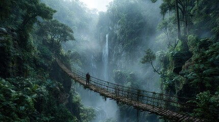 Fototapeta premium eco-tourist walking across suspended jungle bridge surrounded by misty rainforest and tropical waterfalls, immersive natural atmosphere, photorealistic adventure photography