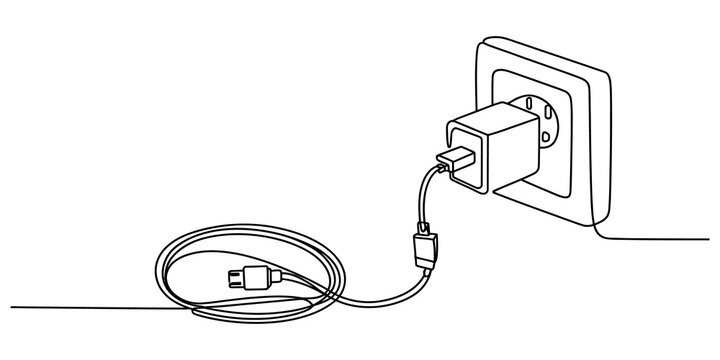 Continuous line drawing Electric plug, USB cable, socket, cord, charging icon, line drawing, black and white