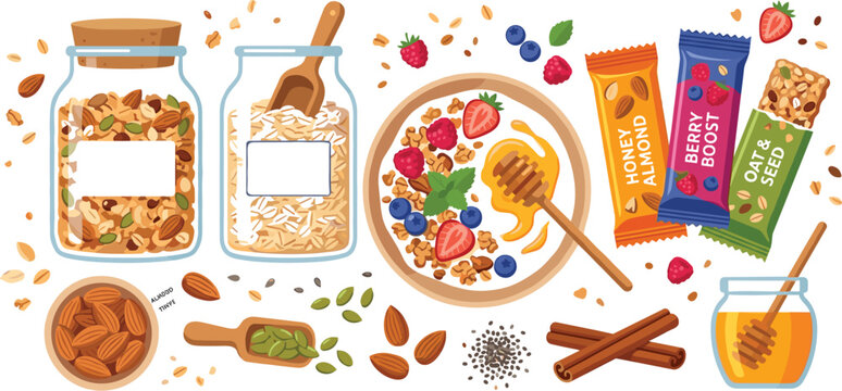 Healthy breakfast granola vector illustration set with glass storage jars energy bars muesli bowl fresh berries honey and nuts,