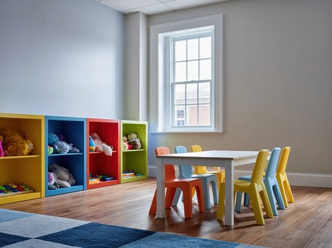 Bright and colorful playroom with toys, small table, and chairs for children's learning and development
