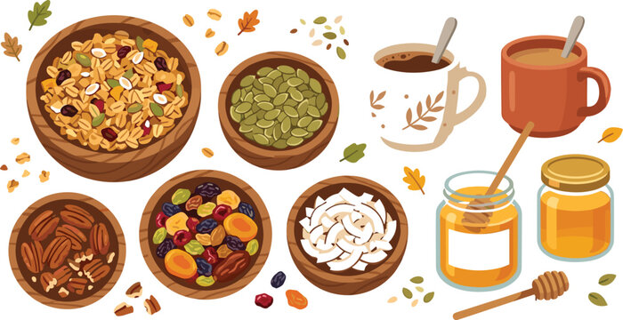 Healthy breakfast granola vector illustration set with wooden bowls pumpkin seeds pecans dried fruits honey jars and coffee mugs,