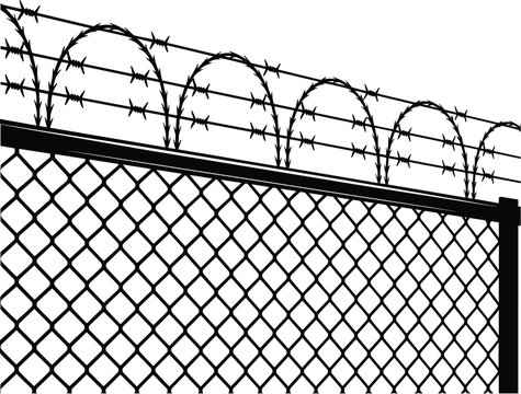 Chain link security fence with barbed wire barrier silhouette, industrial protection boundary vector illustration design element set