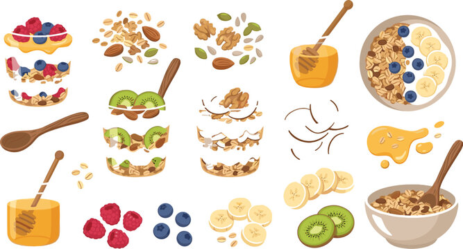 Healthy breakfast granola vector illustration set with yogurt parfaits muesli bowls honey jars kiwi and fresh berry fruits,