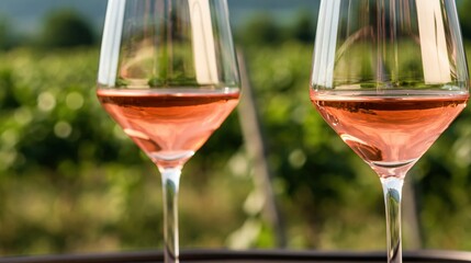 Obraz premium Two Elegant Wine Glasses Filled With Refreshing Pink Rosé Wine, Set Against a Blurred Vineyard Landscape