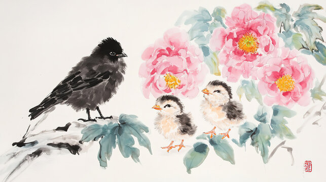 Traditional Chinese painting two chicks right side white paper pink peonies green foliage meticulous black crow perched strong light dark contrast delicate smooth brushwork vivid colors natural lively