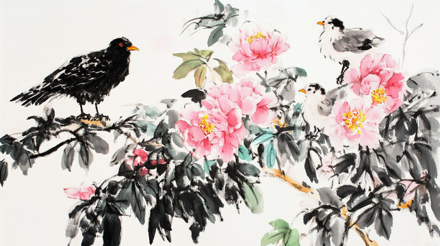 Chinese painting chicks and peonies two young birds on right white background pink blooms green leaves meticulous black crow strong contrast delicate strokes bright eye catching lively joyful cheerful