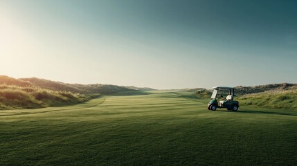 Fototapeta premium Serene golf course fairway with a lone golf cart under a clear sky at sunrise