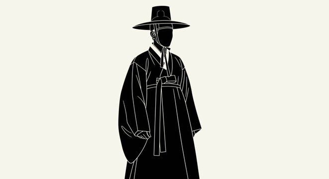 Minimalist black and white illustration of a traditional Korean man wearing hanbok and gat hat.