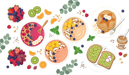 Healthy brunch vector illustration set with smoothie bowls pancakes avocado toast almond butter and mixed fresh berry fruits, © msttaniyaakter