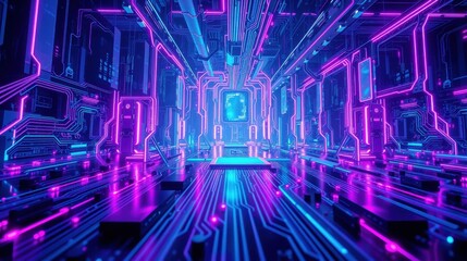 Fototapeta premium Futuristic corridor glows with vibrant neon lights. Complex circuitry forms walls, floor, creating immersive digital space.