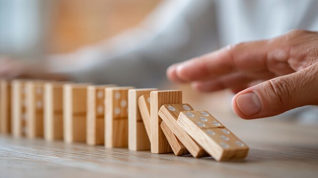 Hand stopping a line of falling dominoes, representing risk management and crisis prevention