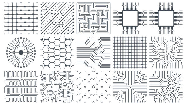 Circuit board technology texture vector set with microchip processor maze hexagon grid and electronic seamless patterns for tech design

