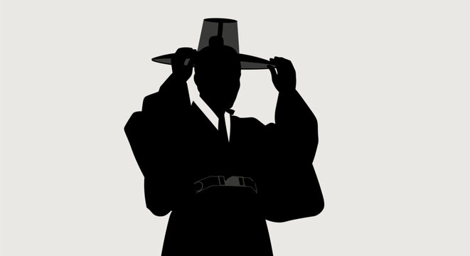 Silhouette of a Korean scholar wearing a traditional Gat hat and Hanbok.