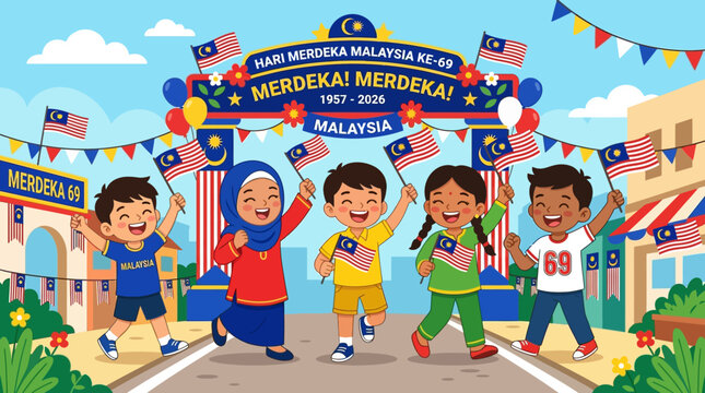 Joyful children celebrating a festive national occasion, expressing patriotic unity and cultural spirit, waving flags with enthusiasm during a vibrant national day festivity